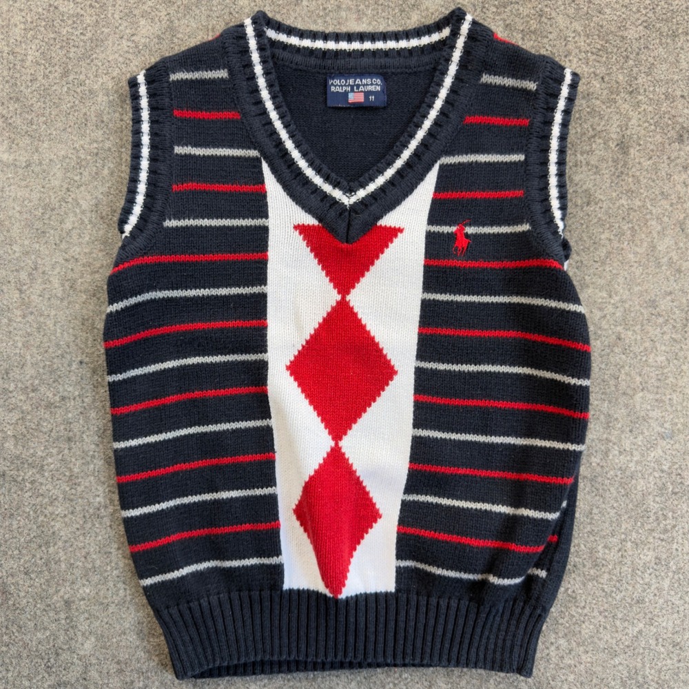 Vintage Polo Jeans Co Ralph Lauren Kids Boys Sweater Vest Size 11 Cotton Argyle